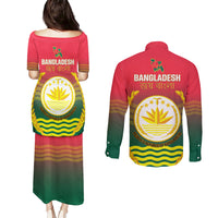 Bangladesh Independence Day Couples Matching Puletasi and Long Sleeve Button Shirt Royal Bengal Tiger With Coat Of Arms - Wonder Print Shop