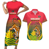 Bangladesh Independence Day Couples Matching Short Sleeve Bodycon Dress and Hawaiian Shirt Royal Bengal Tiger With Coat Of Arms - Wonder Print Shop