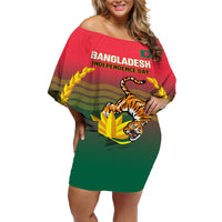 Bangladesh Independence Day Off Shoulder Short Dress Royal Bengal Tiger With Coat Of Arms - Wonder Print Shop