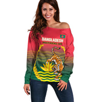 Bangladesh Independence Day Off Shoulder Sweater Royal Bengal Tiger With Coat Of Arms - Wonder Print Shop