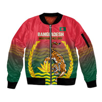 Bangladesh Independence Day Sleeve Zip Bomber Jacket Royal Bengal Tiger With Coat Of Arms - Wonder Print Shop
