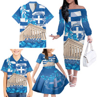 Personalised Greece Independence Day Family Matching Off Shoulder Long Sleeve Dress and Hawaiian Shirt Acropolis Mix Laurel Branch - Wonder Print Shop