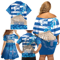 Personalised Greece Independence Day Family Matching Off Shoulder Short Dress and Hawaiian Shirt Acropolis Mix Laurel Branch - Wonder Print Shop