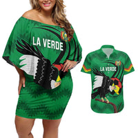 Custom Bolivia Football Couples Matching Off Shoulder Short Dress and Hawaiian Shirt Andean Condor Vamo La Verde