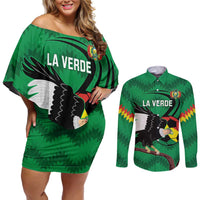 Custom Bolivia Football Couples Matching Off Shoulder Short Dress and Long Sleeve Button Shirt Andean Condor Vamo La Verde