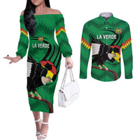 Custom Bolivia Football Couples Matching Off The Shoulder Long Sleeve Dress and Long Sleeve Button Shirt Andean Condor Vamo La Verde