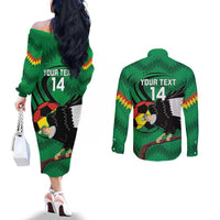 Custom Bolivia Football Couples Matching Off The Shoulder Long Sleeve Dress and Long Sleeve Button Shirt Andean Condor Vamo La Verde