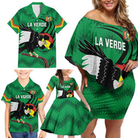 Custom Bolivia Football Family Matching Off Shoulder Short Dress and Hawaiian Shirt Andean Condor Vamo La Verde