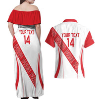 Custom Peru Football Couples Matching Off Shoulder Maxi Dress and Hawaiian Shirt La Bicolor Coat Of Arms Style