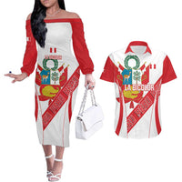 Custom Peru Football Couples Matching Off The Shoulder Long Sleeve Dress and Hawaiian Shirt La Bicolor Coat Of Arms Style