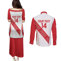 Custom Peru Football Couples Matching Puletasi and Long Sleeve Button Shirt La Bicolor Coat Of Arms Style