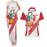 Custom Peru Football Couples Matching Tank Maxi Dress and Hawaiian Shirt La Bicolor Coat Of Arms Style