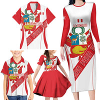 Custom Peru Football Family Matching Long Sleeve Bodycon Dress and Hawaiian Shirt La Bicolor Coat Of Arms Style