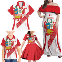 Custom Peru Football Family Matching Off Shoulder Maxi Dress and Hawaiian Shirt La Bicolor Coat Of Arms Style