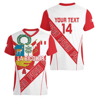 Custom Peru Football Women V-Neck T-Shirt La Bicolor Coat Of Arms Style