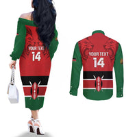 Custom Kenya Football Couples Matching Off The Shoulder Long Sleeve Dress and Long Sleeve Button Shirt Come On Harambee Stars