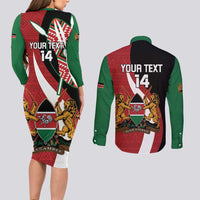Custom Kenya Football Couples Matching Long Sleeve Bodycon Dress and Long Sleeve Button Shirt Maasai Shield Coat Of Arms Style