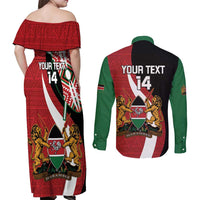 Custom Kenya Football Couples Matching Off Shoulder Maxi Dress and Long Sleeve Button Shirt Maasai Shield Coat Of Arms Style