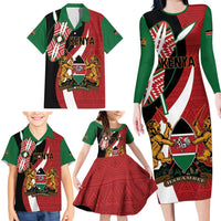Custom Kenya Football Family Matching Long Sleeve Bodycon Dress and Hawaiian Shirt Maasai Shield Coat Of Arms Style