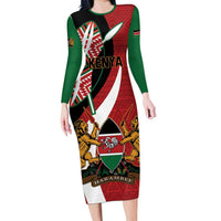 Custom Kenya Football Family Matching Long Sleeve Bodycon Dress and Hawaiian Shirt Maasai Shield Coat Of Arms Style