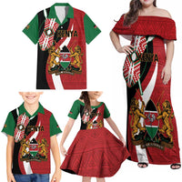 Custom Kenya Football Family Matching Off Shoulder Maxi Dress and Hawaiian Shirt Maasai Shield Coat Of Arms Style