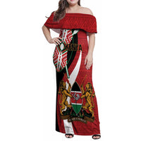 Custom Kenya Football Family Matching Off Shoulder Maxi Dress and Hawaiian Shirt Maasai Shield Coat Of Arms Style