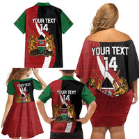 Custom Kenya Football Family Matching Off Shoulder Short Dress and Hawaiian Shirt Maasai Shield Coat Of Arms Style