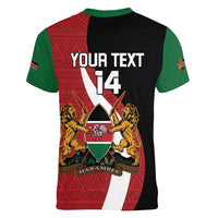 Custom Kenya Football Women V-Neck T-Shirt Maasai Shield Coat Of Arms Style