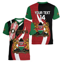 Custom Kenya Football Women V-Neck T-Shirt Maasai Shield Coat Of Arms Style