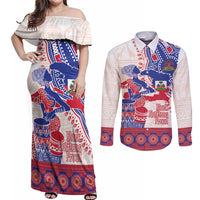 Afro-Haitians Proud Couples Matching Off Shoulder Maxi Dress and Long Sleeve Button Shirt Haiti Coat Of Arms Dashiki