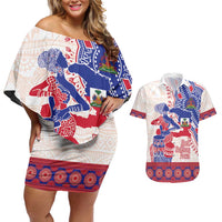 Afro-Haitians Proud Couples Matching Off Shoulder Short Dress and Hawaiian Shirt Haiti Coat Of Arms Dashiki