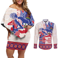 Afro-Haitians Proud Couples Matching Off Shoulder Short Dress and Long Sleeve Button Shirt Haiti Coat Of Arms Dashiki
