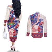 Afro-Haitians Proud Couples Matching Off The Shoulder Long Sleeve Dress and Long Sleeve Button Shirt Haiti Coat Of Arms Dashiki