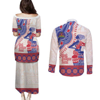 Afro-Haitians Proud Couples Matching Puletasi and Long Sleeve Button Shirt Haiti Coat Of Arms Dashiki