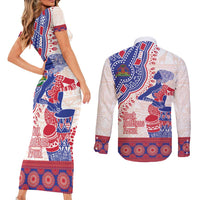 Afro-Haitians Proud Couples Matching Short Sleeve Bodycon Dress and Long Sleeve Button Shirt Haiti Coat Of Arms Dashiki
