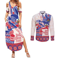 Afro-Haitians Proud Couples Matching Summer Maxi Dress and Long Sleeve Button Shirt Haiti Coat Of Arms Dashiki