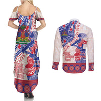 Afro-Haitians Proud Couples Matching Summer Maxi Dress and Long Sleeve Button Shirt Haiti Coat Of Arms Dashiki
