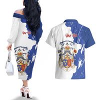 Personalised Saint-Domingue Couples Matching Off The Shoulder Long Sleeve Dress and Hawaiian Shirt Coat Of Arms Grunge Style