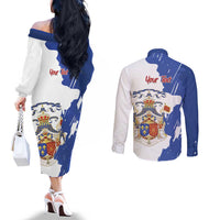 Personalised Saint-Domingue Couples Matching Off The Shoulder Long Sleeve Dress and Long Sleeve Button Shirt Coat Of Arms Grunge Style