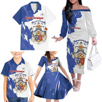 Personalised Saint-Domingue Family Matching Off The Shoulder Long Sleeve Dress and Hawaiian Shirt Coat Of Arms Grunge Style