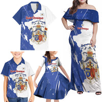 Personalised Saint-Domingue Family Matching Off Shoulder Maxi Dress and Hawaiian Shirt Coat Of Arms Grunge Style