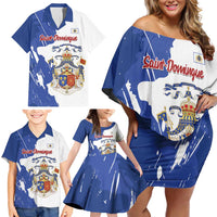 Personalised Saint-Domingue Family Matching Off Shoulder Short Dress and Hawaiian Shirt Coat Of Arms Grunge Style