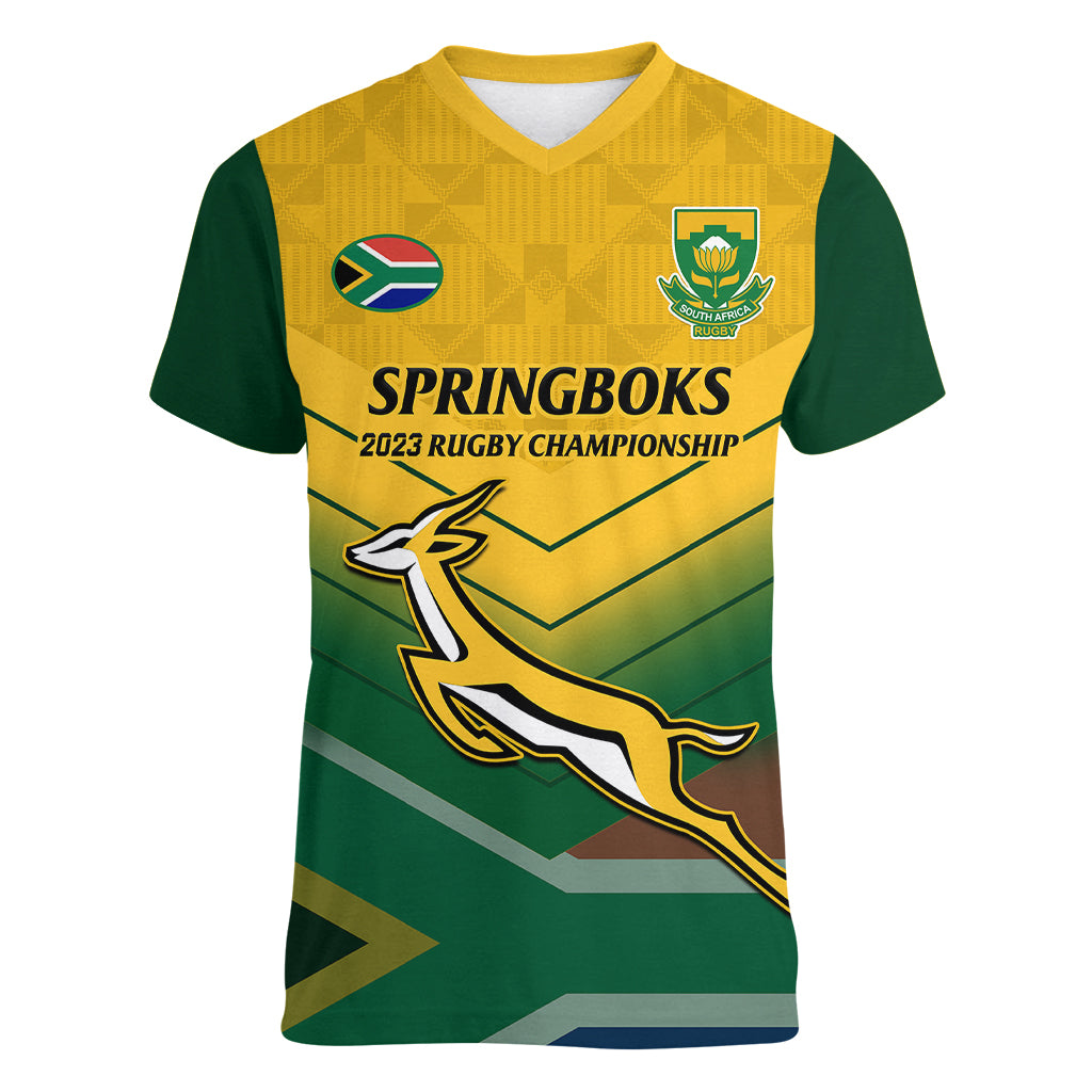south-africa-rugby-women-v-neck-t-shirt-springboks-2023-go-champions-african-pattern