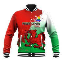 Red and green varsity baseball jacket with pride graphic, striped ribbed collar and cuffs