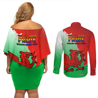 Back view matching off-shoulder dress and long-sleeve shirt with Pride Cymru 2023 dragon print