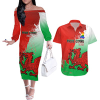 Off-shoulder long-sleeve dress and Hawaiian shirt set in red-green, dragon graphic