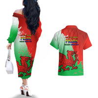Back view of off-shoulder dress and Hawaiian shirt set, red-green dragon print