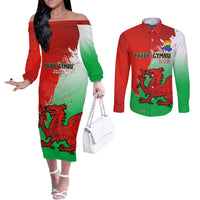 Couples off-shoulder long-sleeve dress and button shirt set, red/green dragon print