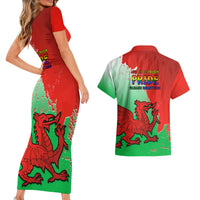 Red green Pride Cymru 2023 bodycon dress and Hawaiian shirt back view with dragon print