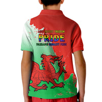Kids red-and-green polo back with Pride text and multicolor dragon graphic